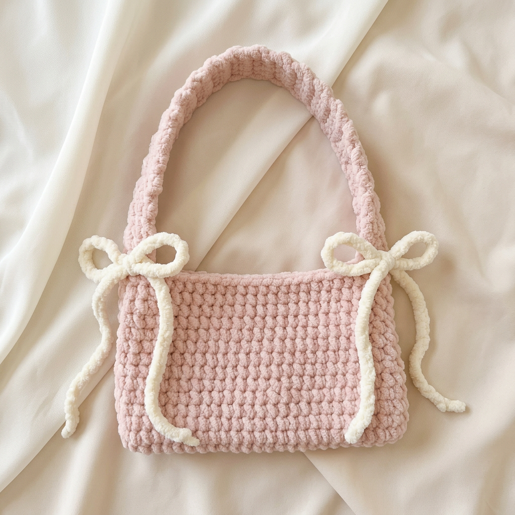 Blush chenille shoulder bag with cream bow ties